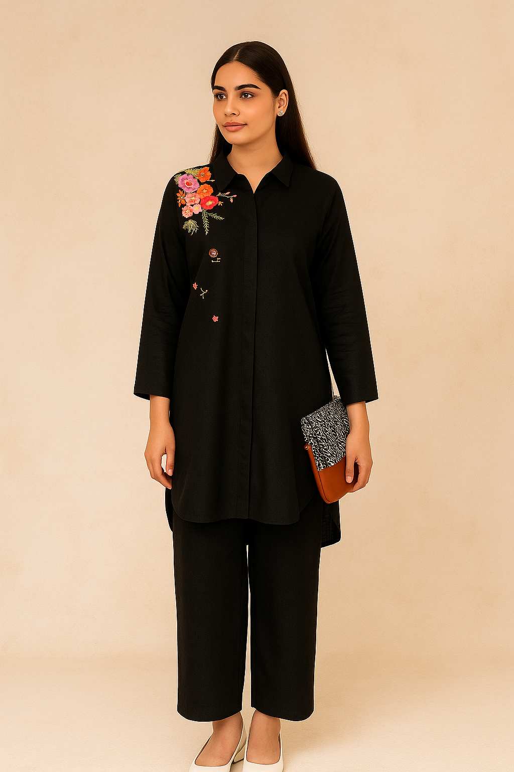 Black multi embroidered set