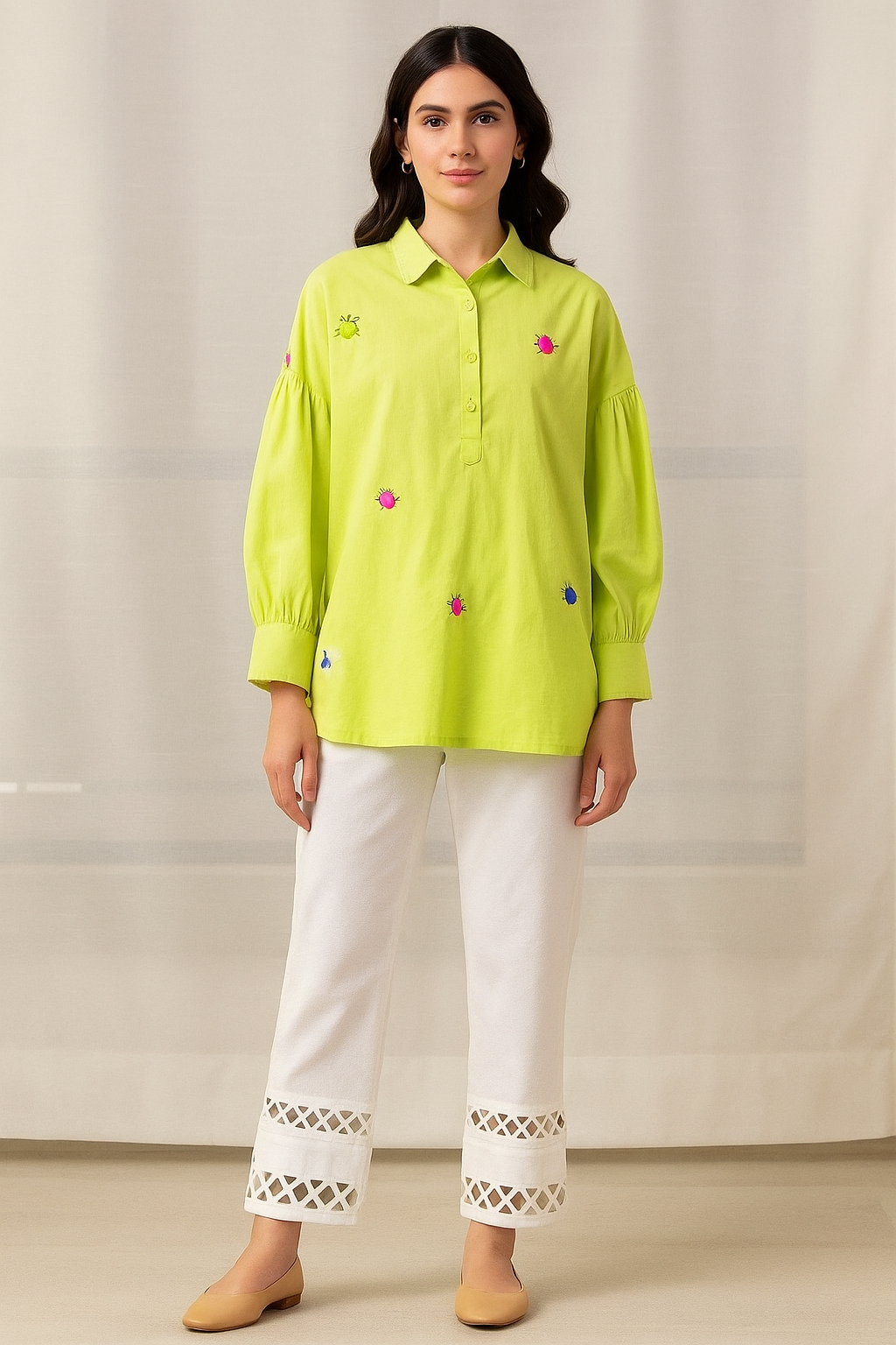 Neon Lime Embroidered Cotton Tunic Set