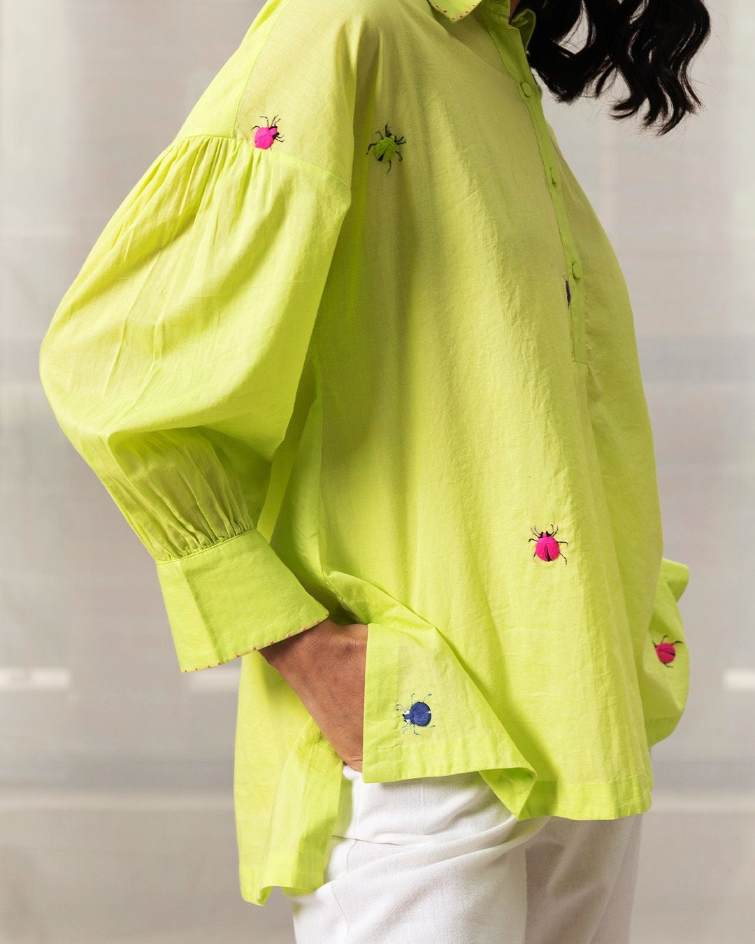 Neon Lime Embroidered Cotton Tunic Set