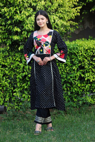 Black polka dot kurta set