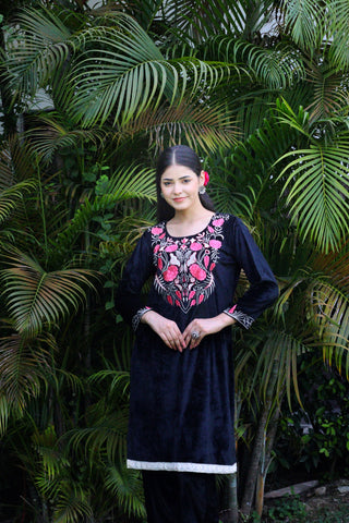 Rose velvet black kurta set