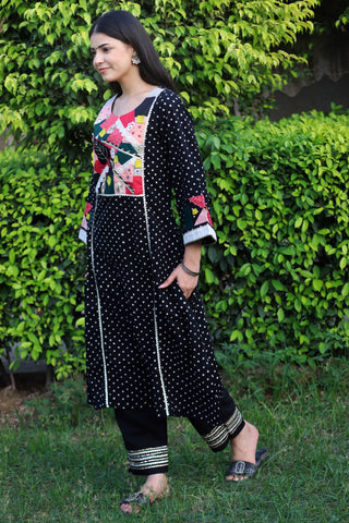 Black polka dot kurta set